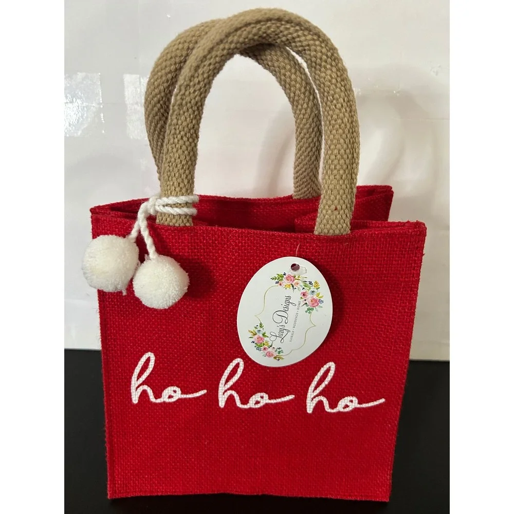 Mini Tote Bag Christmas Red Burlap Ho Ho Ho Embroidery Pom Poms Lacy's Designs